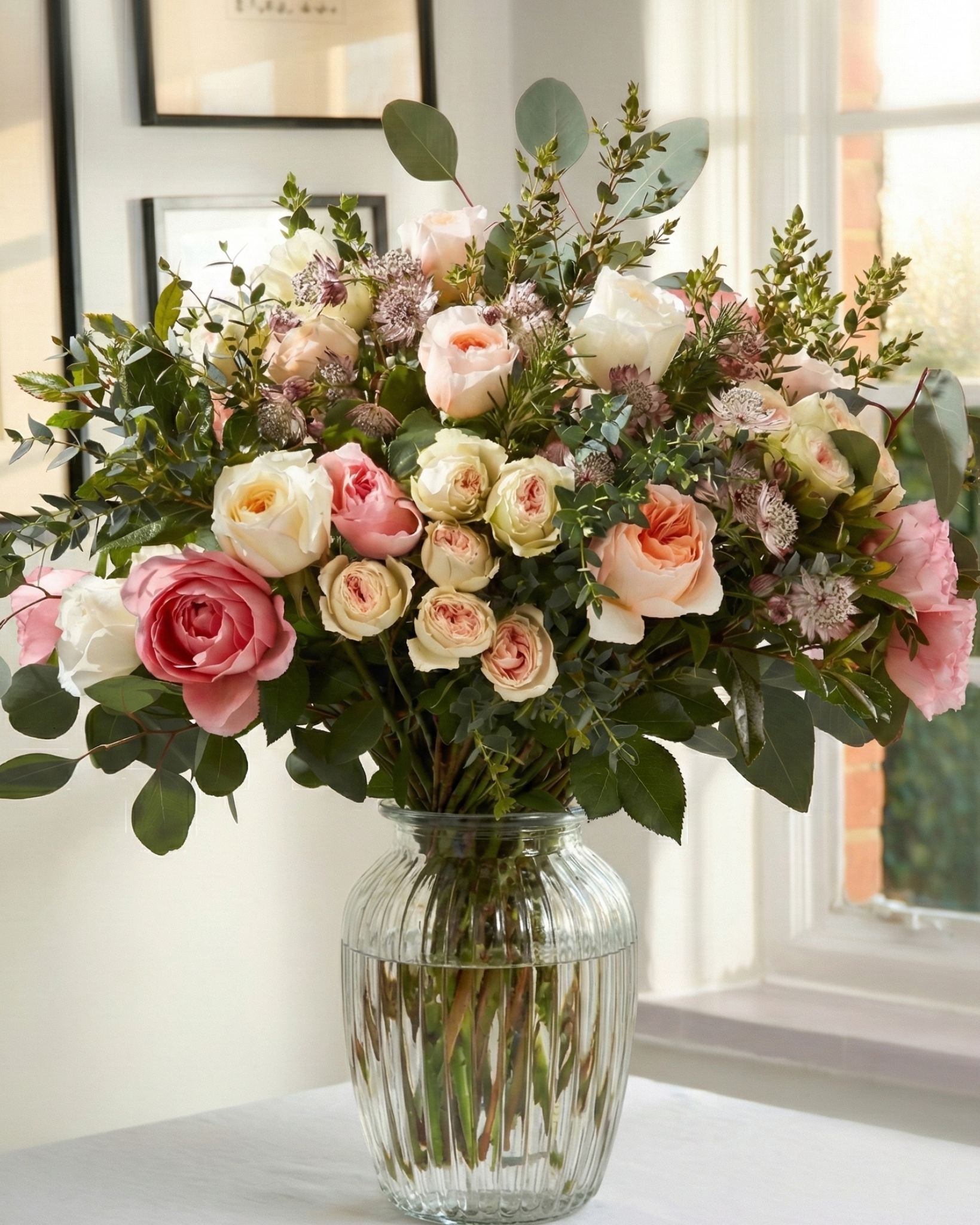 Bouquet of pink and white roses in a clear vase on a table with a window in the background.