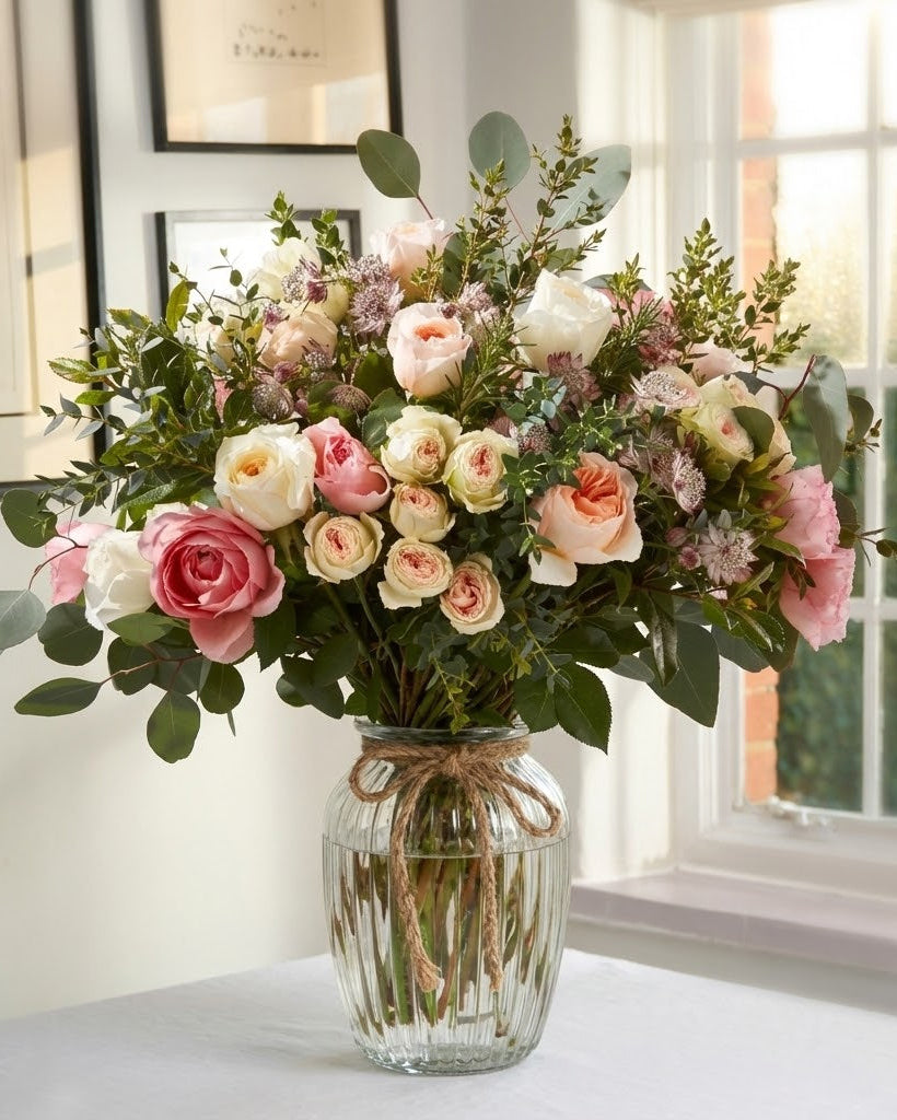 Bouquet of pink and white roses in a clear vase on a table with a window in the background.